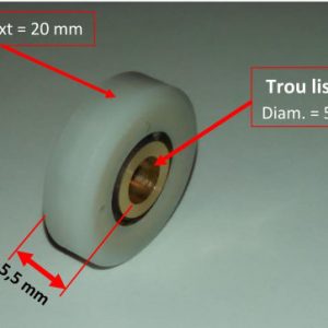 roulette porte de douche composée d'un roulement à billes enveloppé d’une bague en nylon de diamètre 20mm avec le contour plat et large de 5.5mm Au centre de cette roue il y a un trou lisse d’un diamètre de 5.3mm pour passer la vis de fixation. Le passage de la vis est fraisé d’un côté pour la forme conique de la tête de vis. Ce rouleau de remplacement pour roue de porte de douche et cabine est de haute qualité.