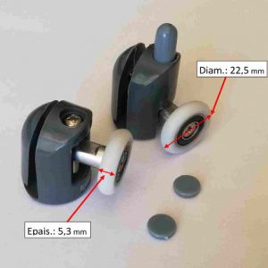 Roulette pour glissière de porte de douche. Roulette composé d'une bague en téflon avec un roulement à billes en son centre son diamètre de roue est 22.5mm et c'est un rouleau de porte de douche simple (le rouleau pour la partie supérieure de la porte est différent du modèle pour la partie inférieure de cette même porte). Ces rouleaux de porte de douche simples s'adaptent aux portes de douche en verre Diamètre de la roue: 22.5mm Epaisseur de la roue : 5.5mm.