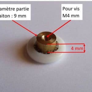 c'est une roulette pour glissière, elle est composée d'une bague en plastique avec un roulement à billes en son centre, un trou taraudé permet de la visser à une porte de douche ou cabine de douche