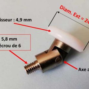 Roulette porte de douche. Rouleau en plastique montée sur un roulement à bille avec axe articulé, pour remplacer la roulette de porte de douche