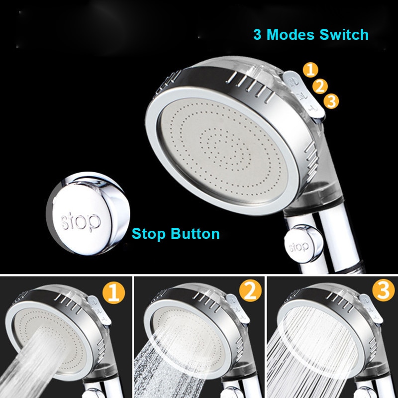 Pommeau de douche SPA 3 fonctions avec interrupteur bouton marche/off et filtre à anions, économie d'eau, salle de bain, haute pression, de bain