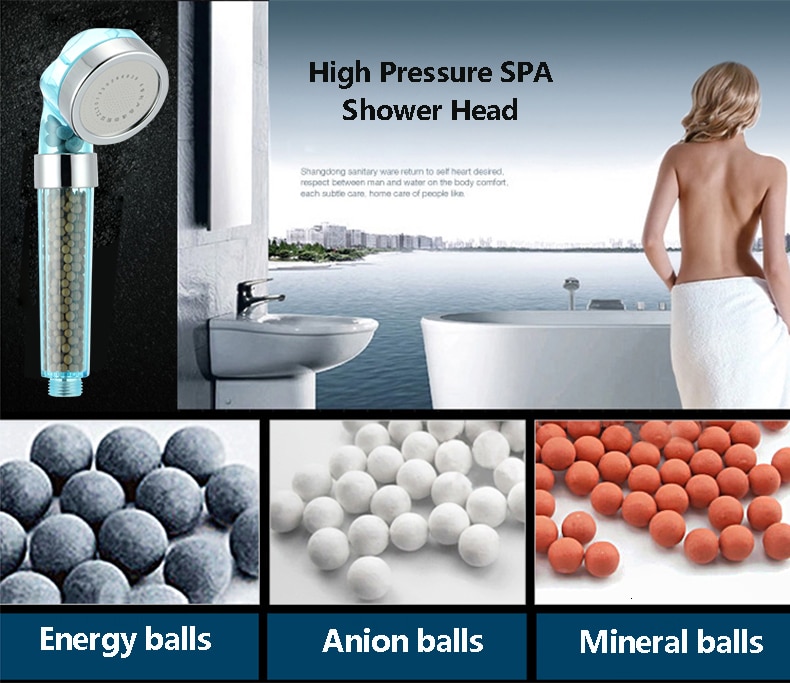Pomme de douche avec filtre à billes Anion, économie d’eau salle de bain, buses haute pression jet en pluie