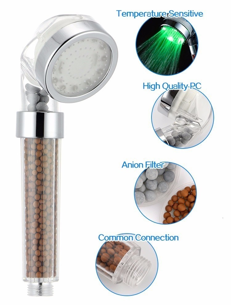 Pommeau de douche LED 3 couleurs suivant température de l'eau, économie d'eau, haute pression, filtre minéral, SPA