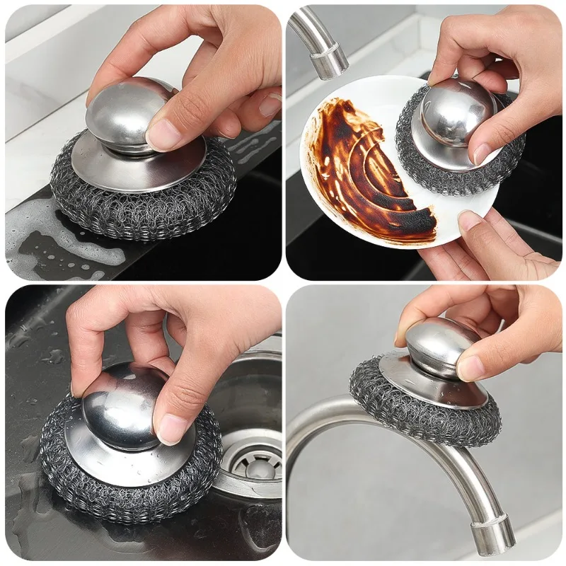 Brosse de cuisine en acier inoxydable avec boule de fil